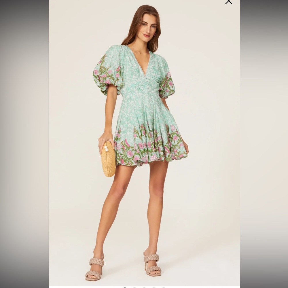 Green floral mini dress with pink embroidery and puff sleeves.